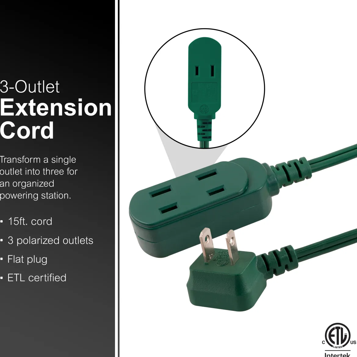 GE-branded UltraPro 3-Outlet Polarized Extension Cord, 15ft., Indoor, Green