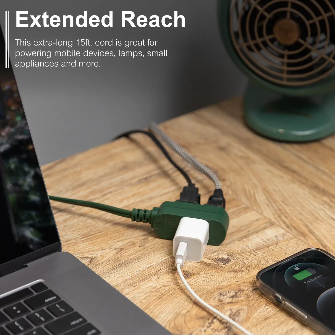 GE-branded UltraPro 3-Outlet Polarized Extension Cord, 15ft., Indoor, Green