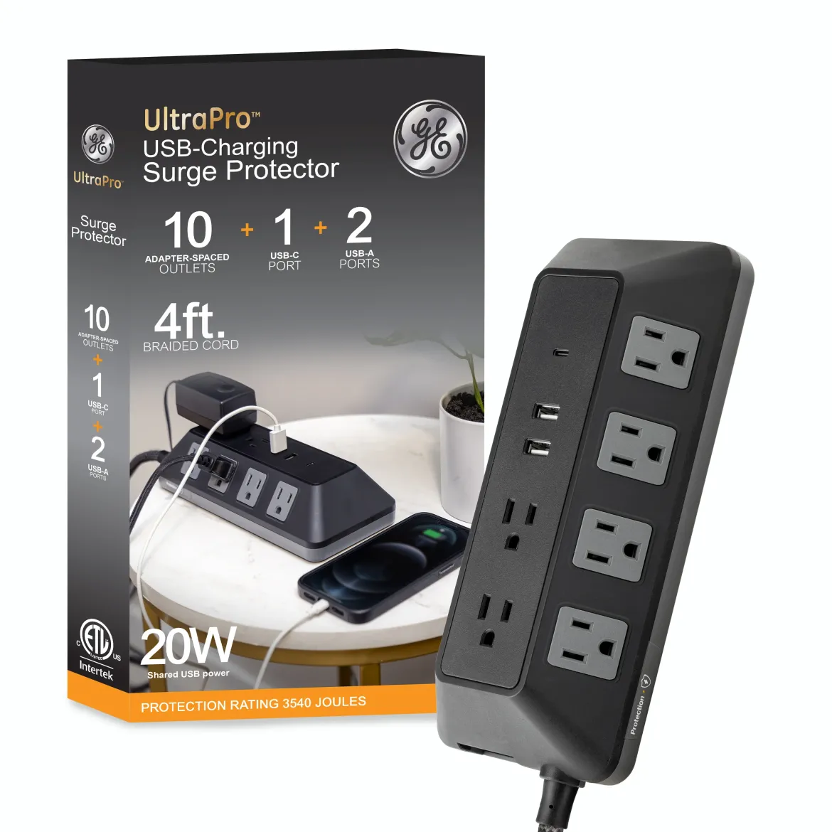 GE-branded UltraPro 10-Outlet Surge Protector, 3540J, 4ft. Braided Cord, Black