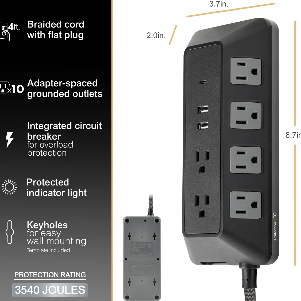 GE-branded UltraPro 10-Outlet Surge Protector, 3540J, 4ft. Braided Cord, Black