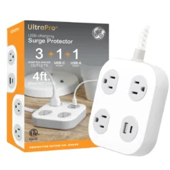 GE-branded UltraPro 3-Outlet Surge Protector with USB, 245J, 1 USB-A, 1 USB-C, White