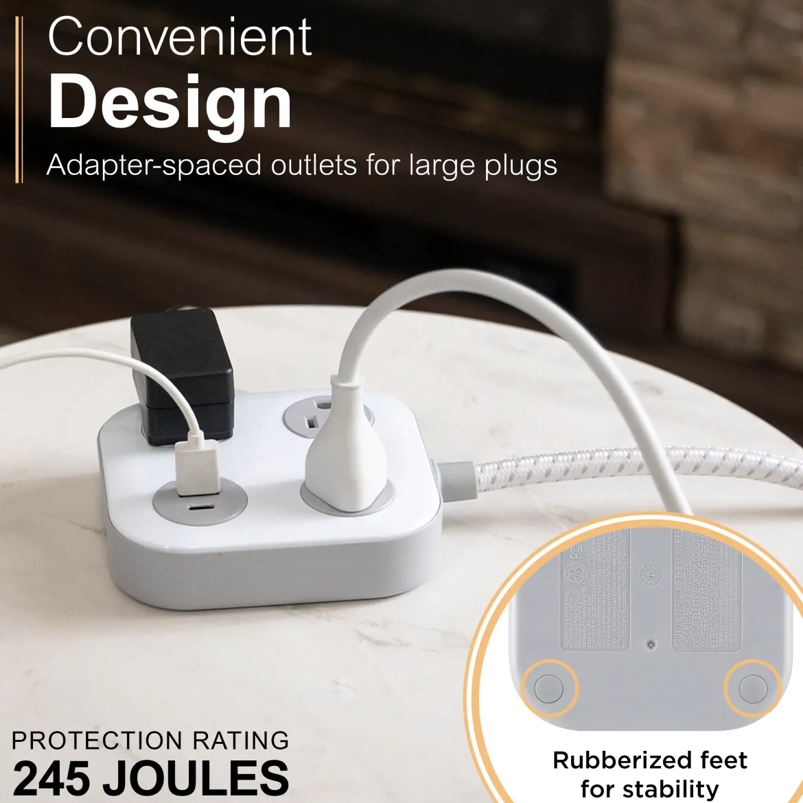 GE-branded UltraPro 3-Outlet Surge Protector with USB, 245J, 1 USB-A, 1 USB-C, White