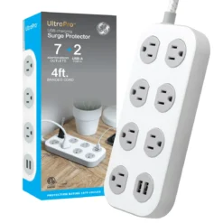 GE-branded UltraPro 7-Outlet Surge Protector, 2 USB-A, 1470 Joules, 4ft., White/Gray