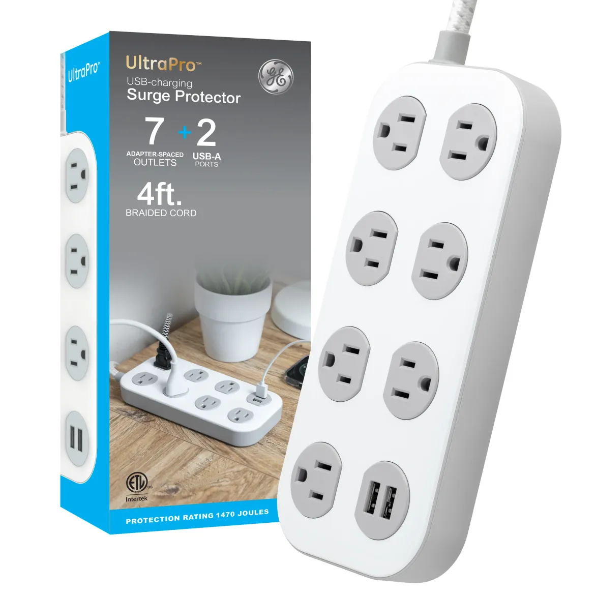 GE-branded UltraPro 7-Outlet Surge Protector, 2 USB-A, 1470 Joules, 4ft., White/Gray