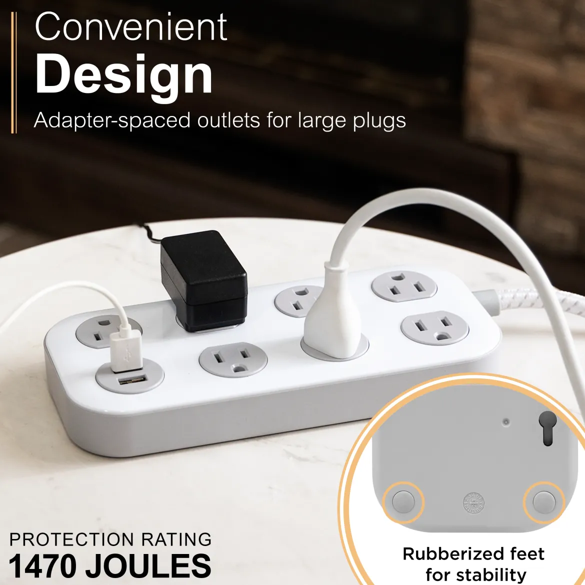 GE-branded UltraPro 7-Outlet Surge Protector, 2 USB-A, 1470 Joules, 4ft., White/Gray