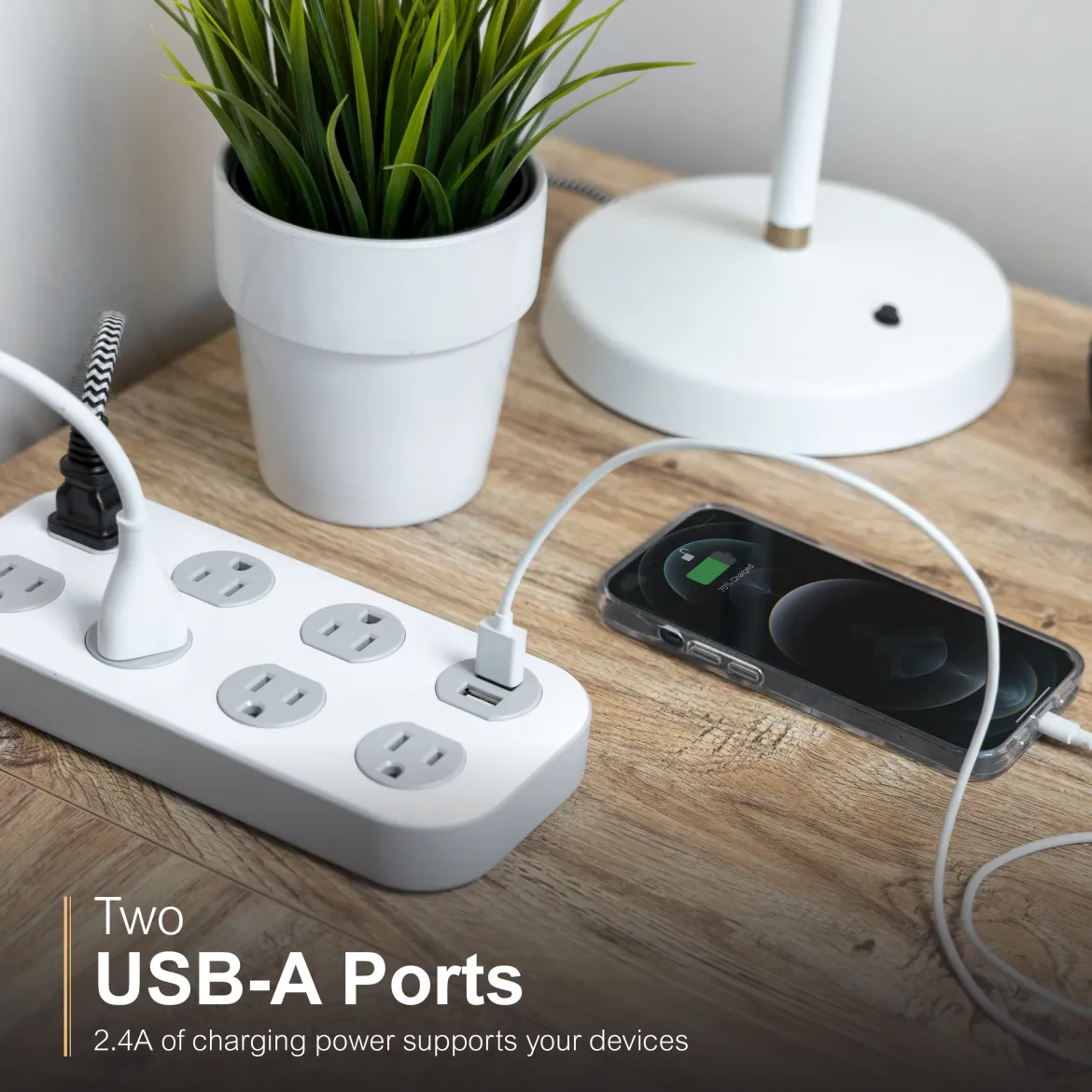 GE-branded UltraPro 7-Outlet Surge Protector, 2 USB-A, 1470 Joules, 4ft., White/Gray