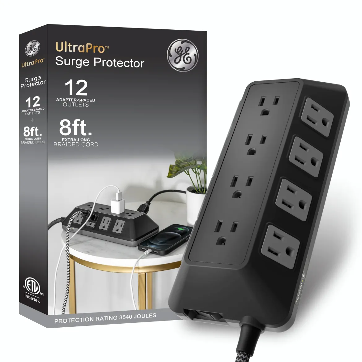 GE-branded UltraPro 12-Outlet Surge Protector, 3540J, 8ft. Braided Cord, Black