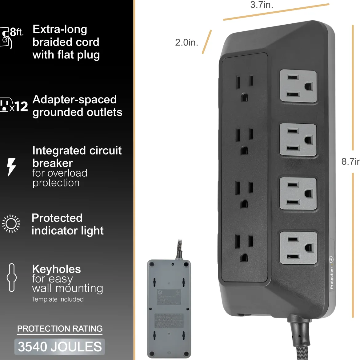 GE-branded UltraPro 12-Outlet Surge Protector, 3540J, 8ft. Braided Cord, Black