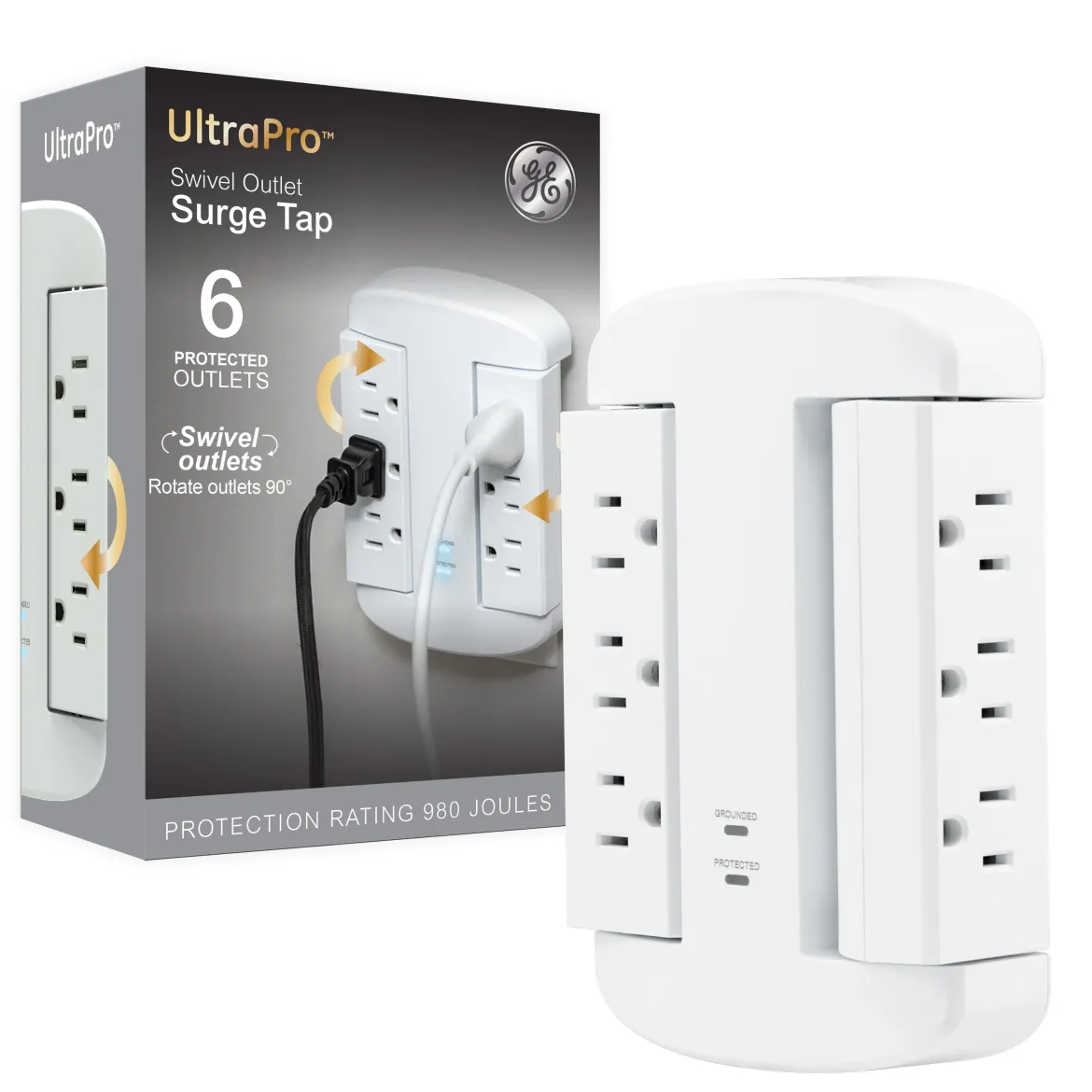 GE-branded UltraPro 6-Outlet Swivel Surge Tap, 980J, White