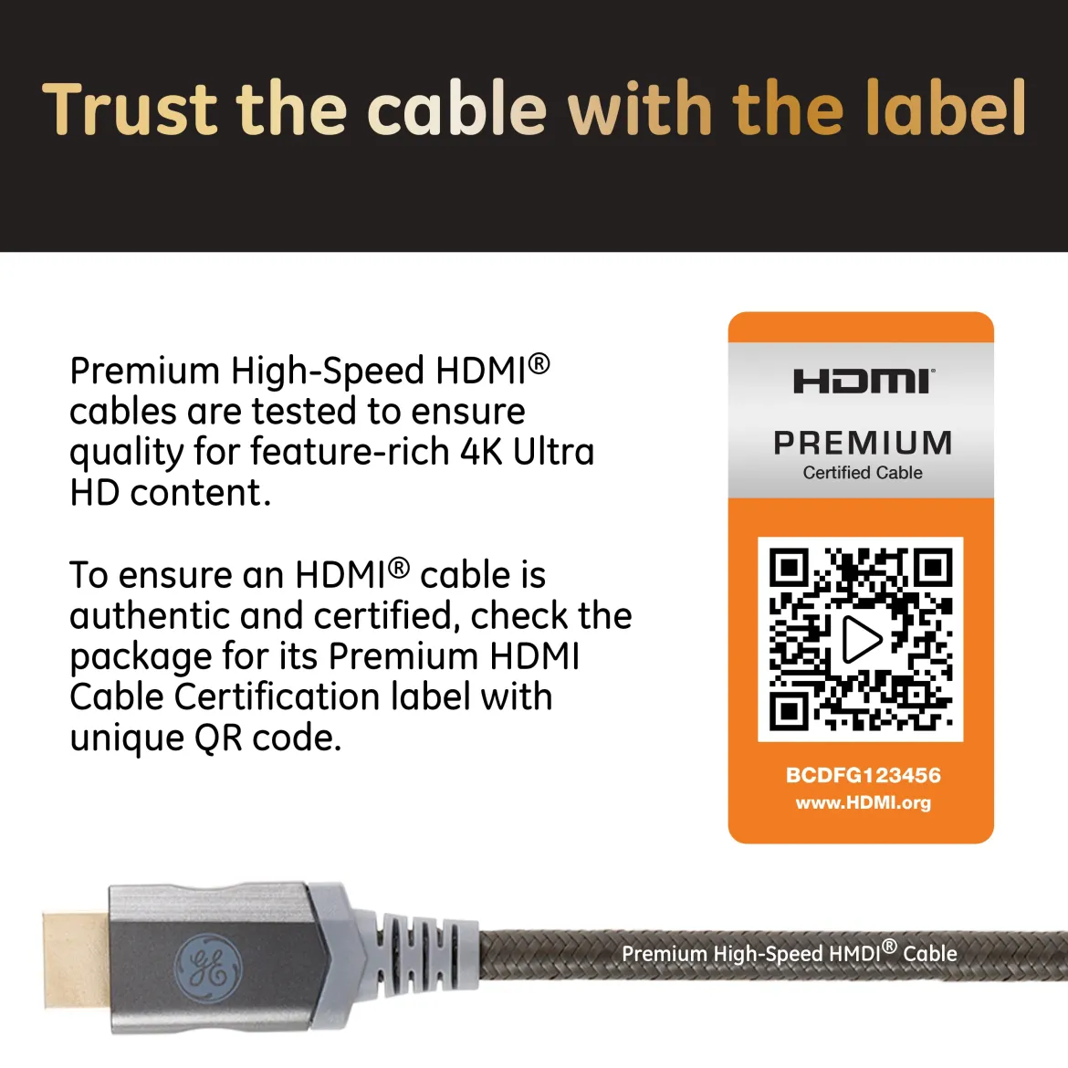 GE-branded UltraPro Premium Certified High-Speed HDMI Cable with Ethernet, 15ft.