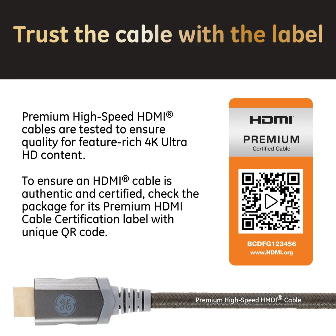 GE-branded UltraPro Premium Certified High-Speed HDMI Cable with Ethernet, 4ft.