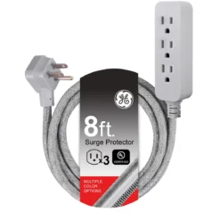 GE Designer Extension Cord, 8ft., 3-Outlet Surge Gray Heather