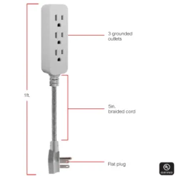 GE Designer 3-Outlet Mini Cord, Gray