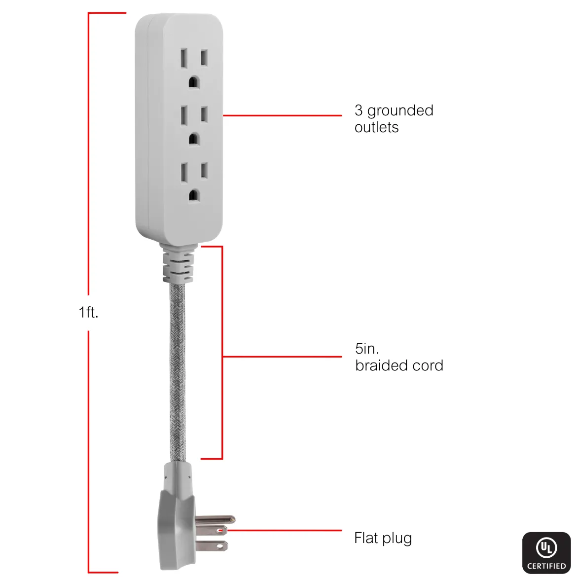 GE Designer 3-Outlet Mini Cord, Gray