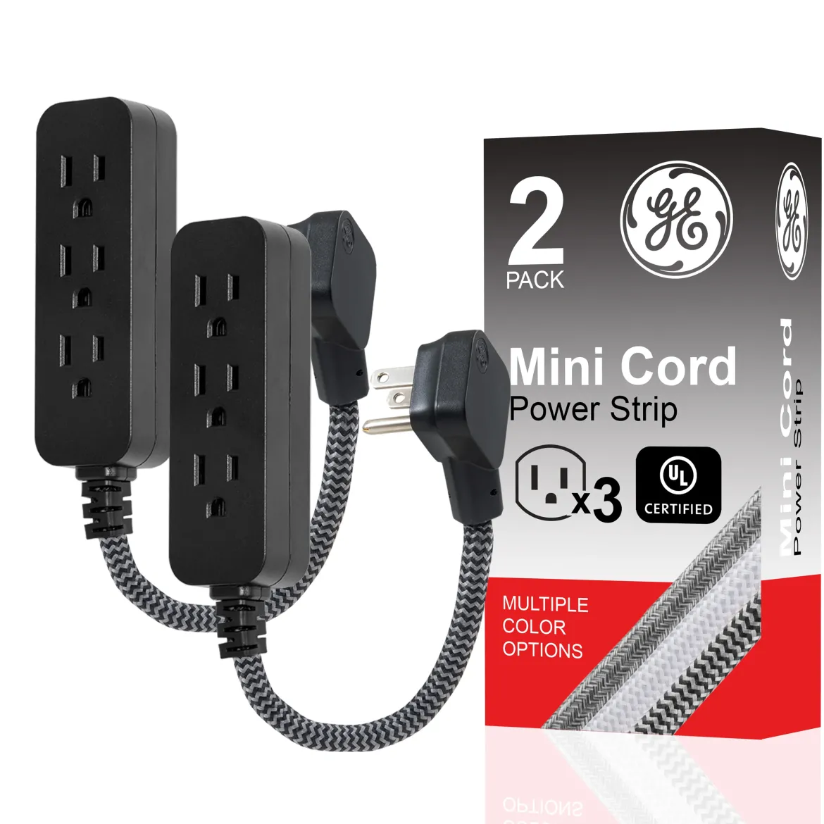 GE Designer 3-Outlet Mini Extension Cord, black/gray, 2pk
