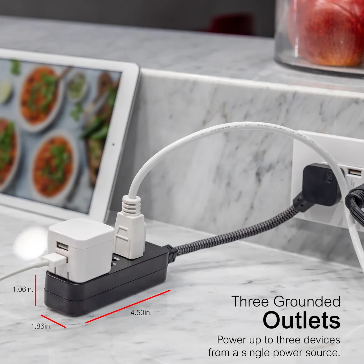 GE Designer 3-Outlet Mini Extension Cord, black/gray, 2pk