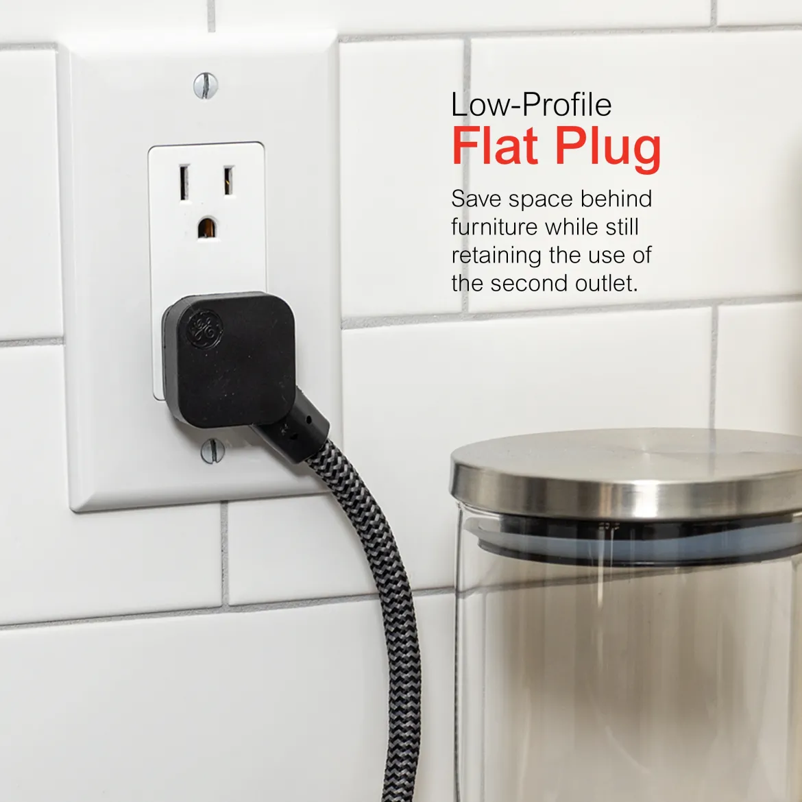 GE Designer 3-Outlet Mini Extension Cord, black/gray, 2pk