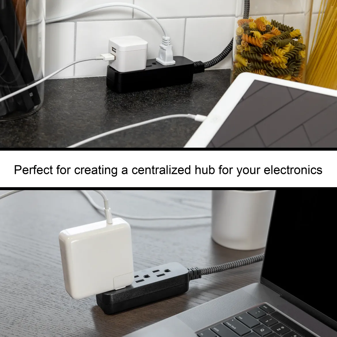 GE Designer 3-Outlet Mini Extension Cord, black/gray, 2pk
