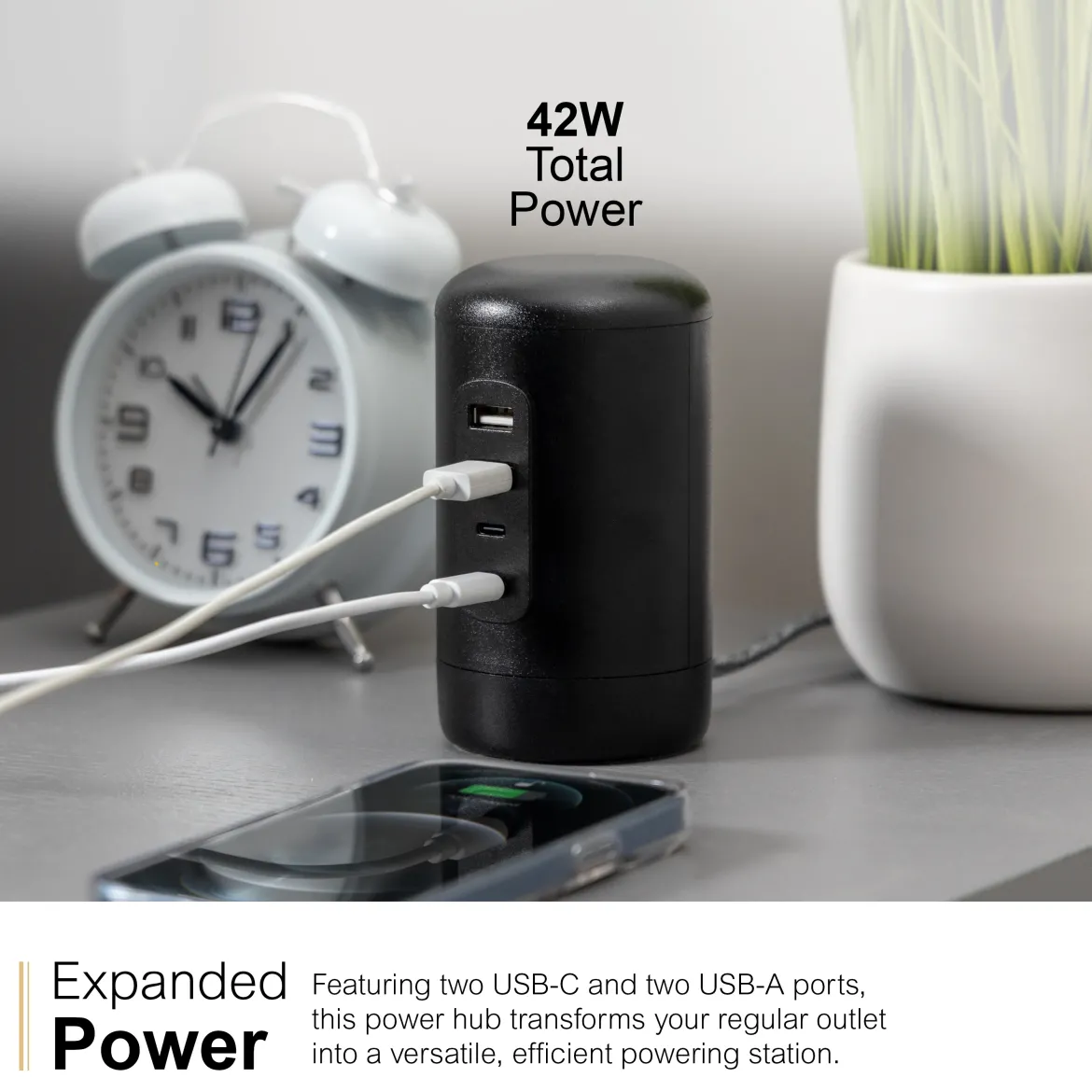 GE Desktop Power Hub, 2 USB-A, 2 USB-C, 5ft. cord, black