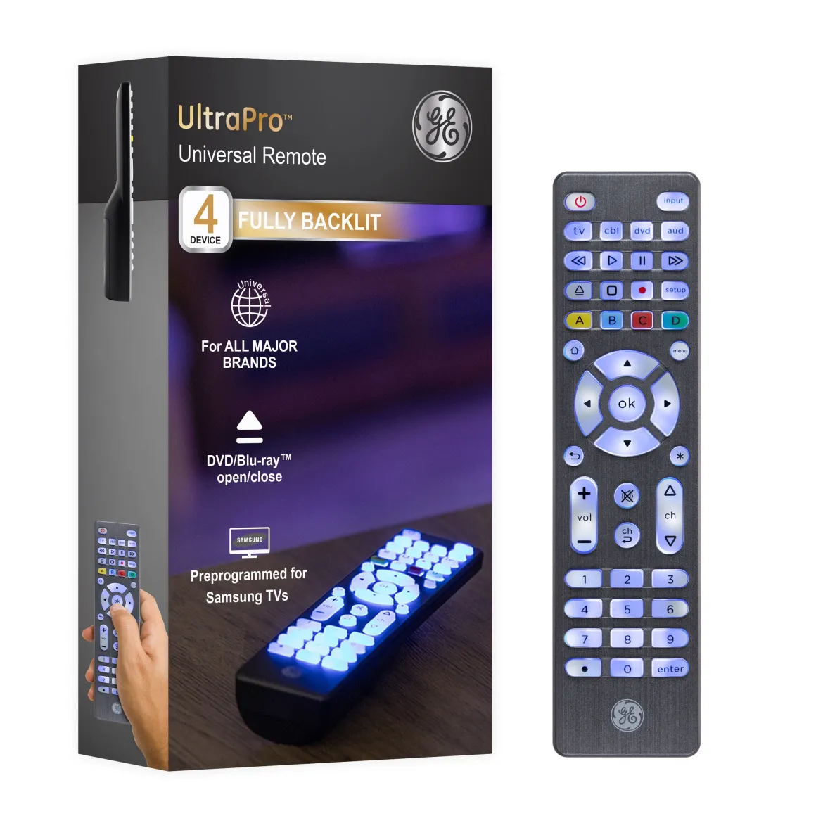 GE 4-Device Backlit Universal Remote, Brushed Graphite