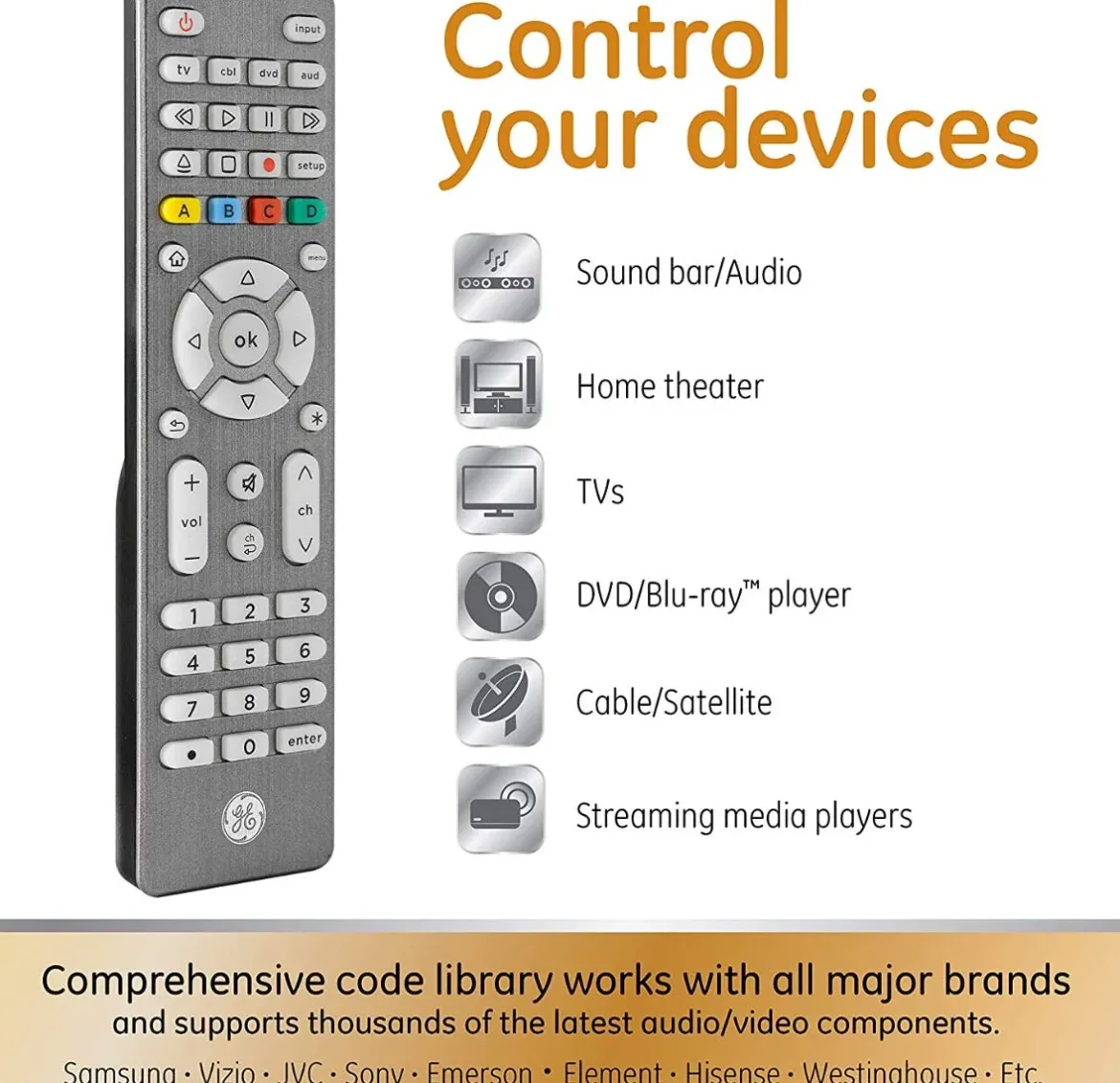 GE 4-Device Backlit Universal Remote, Brushed Graphite
