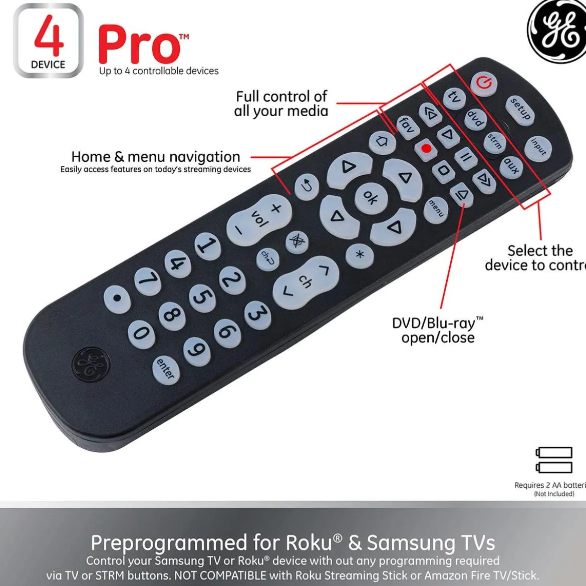 GE 4-Device Backlit Universal Remote, Black