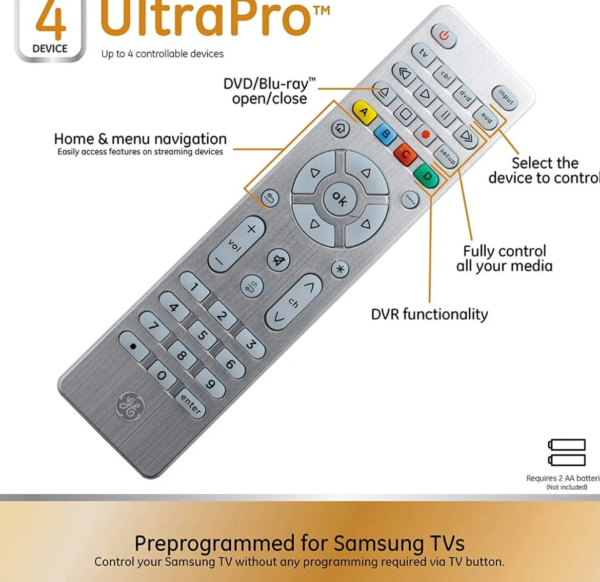 GE 4-Device Backlit Universal Remote, Brushed Silver
