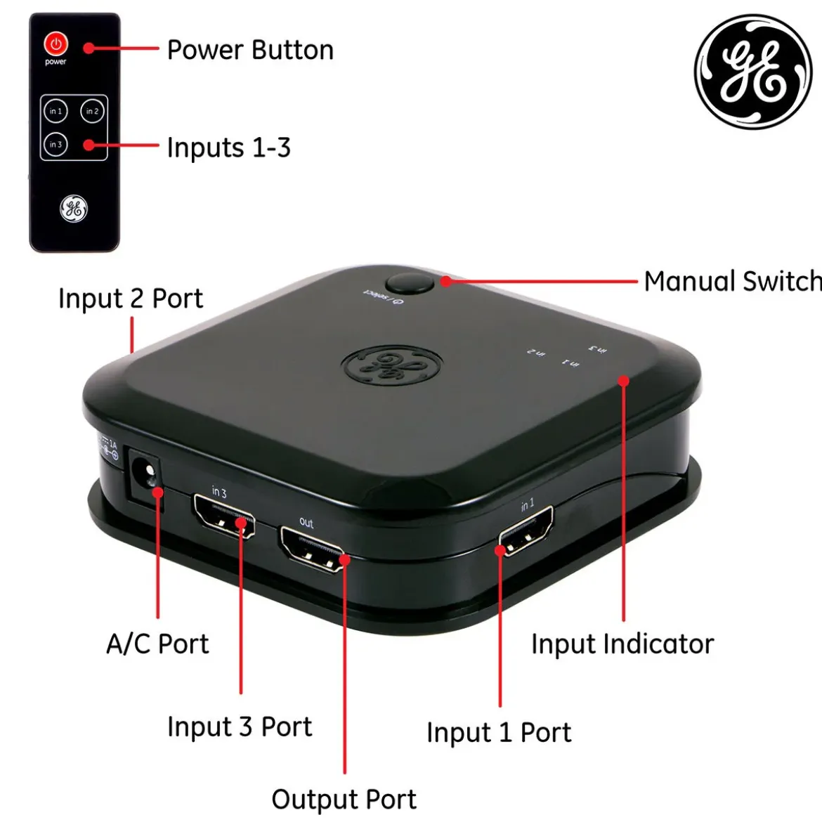 GE 3-Device HDMI Switch with Wireless Remote, Black