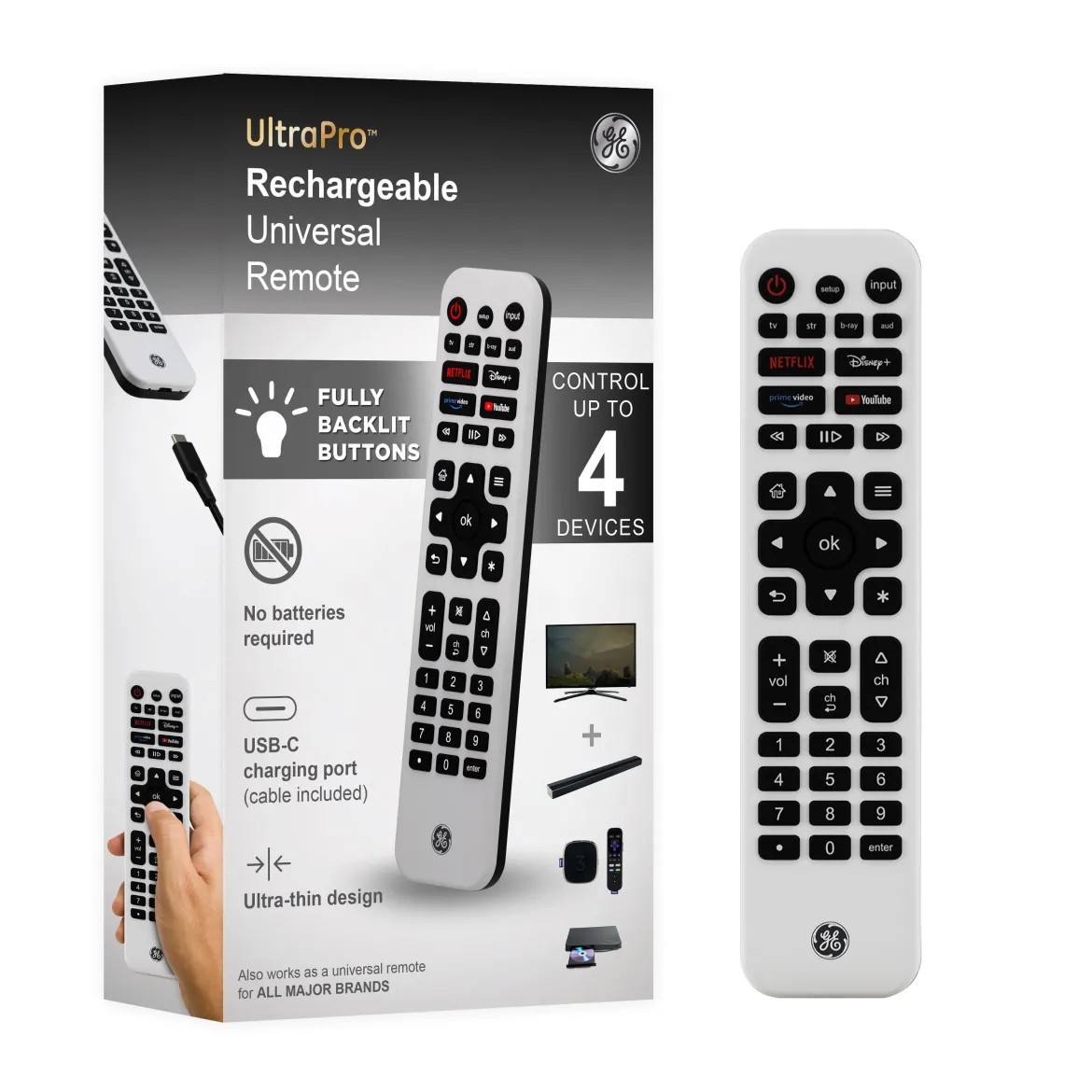 GE 4-Device Rechargeable Backlit Universal Remote, White