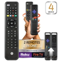 GE 4-Device Universal Companion Remote for Roku and Amazon TV with Flip and Slide Cradle, Black