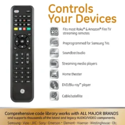 GE 4-Device Universal Companion Remote for Roku and Amazon TV with Flip and Slide Cradle, Black