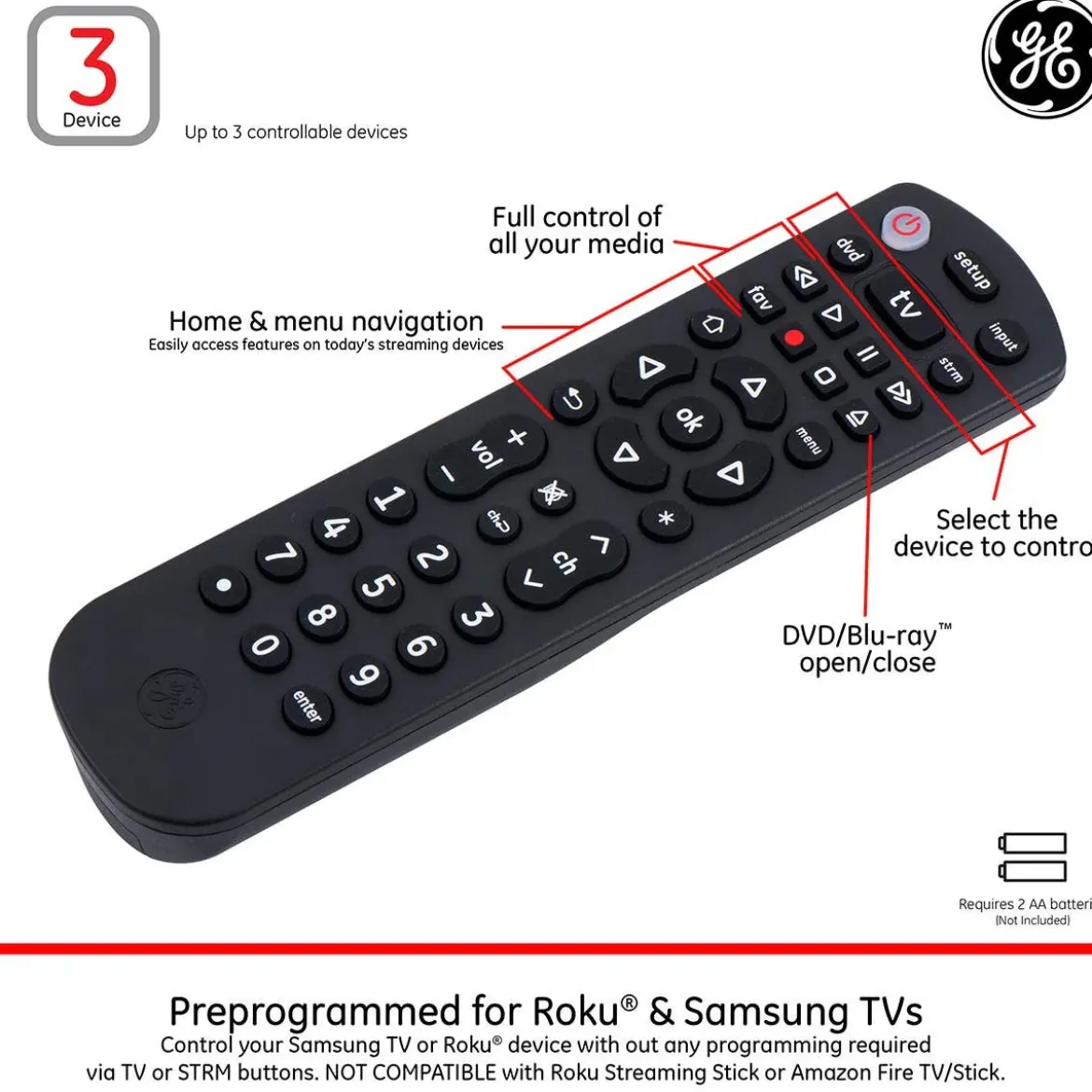GE 3-Device Universal Remote, Black