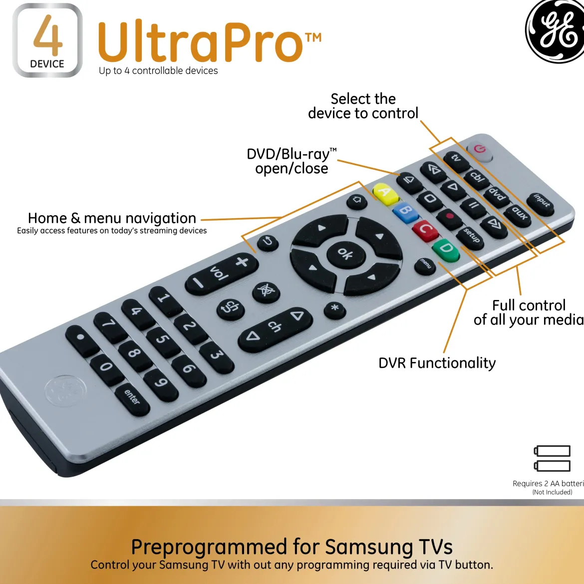GE 4-Device Universal Remote, Brushed Silver