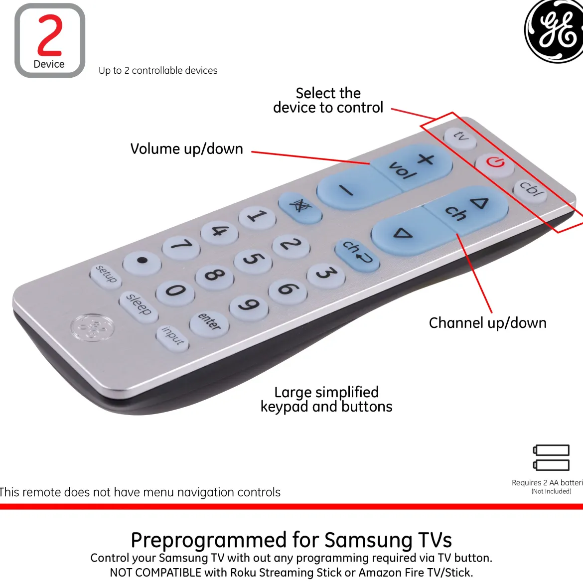 GE 2-Device Universal Remote, Brushed Silver