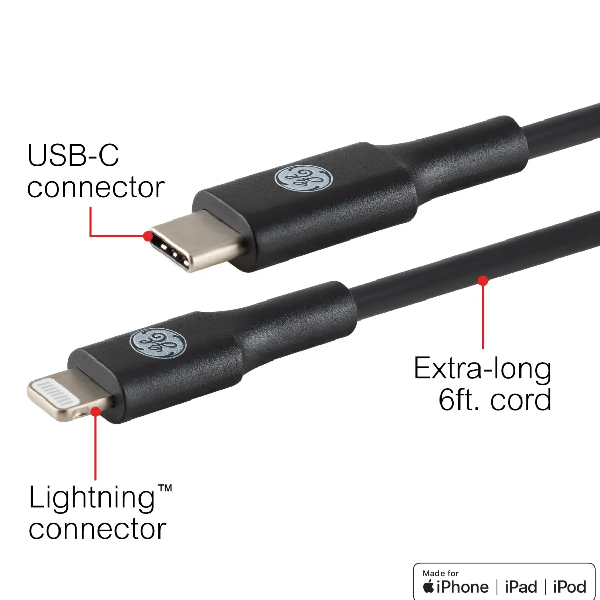 GE 6ft. USB-C to Lightning Charging Cable, Black