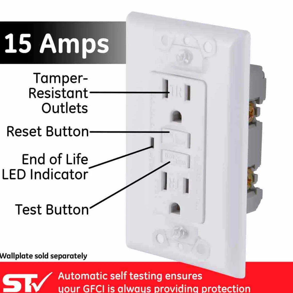 GE GFCI Tamper Resistant Receptacle with LED Indicator, White