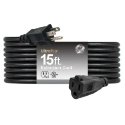 GE Grounded Extension Cord, 15ft., Outdoor, Black, 16-Gauge