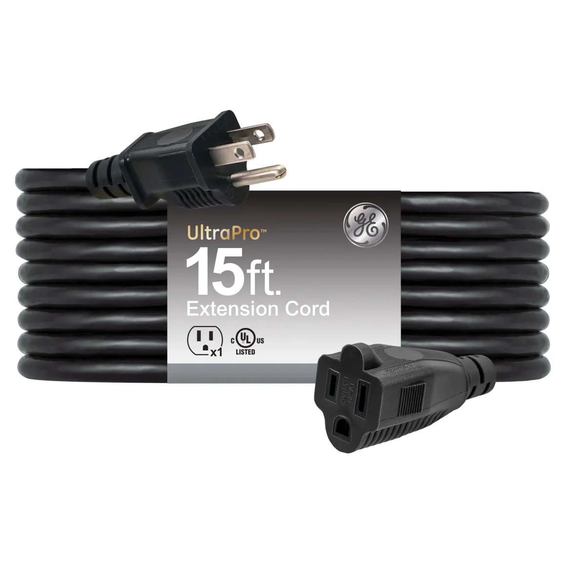 GE Grounded Extension Cord, 15ft., Outdoor, Black, 16-Gauge