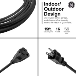GE Grounded Extension Cord, 15ft., Outdoor, Black, 16-Gauge
