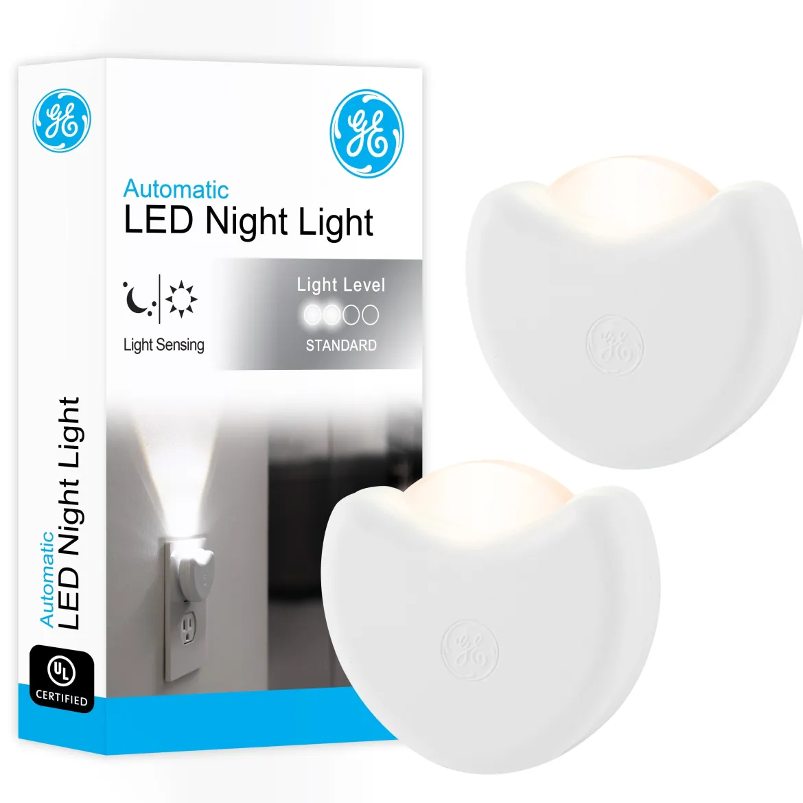 GE Half-Moon Light Sensing LED Night Light, 2 Pack, White