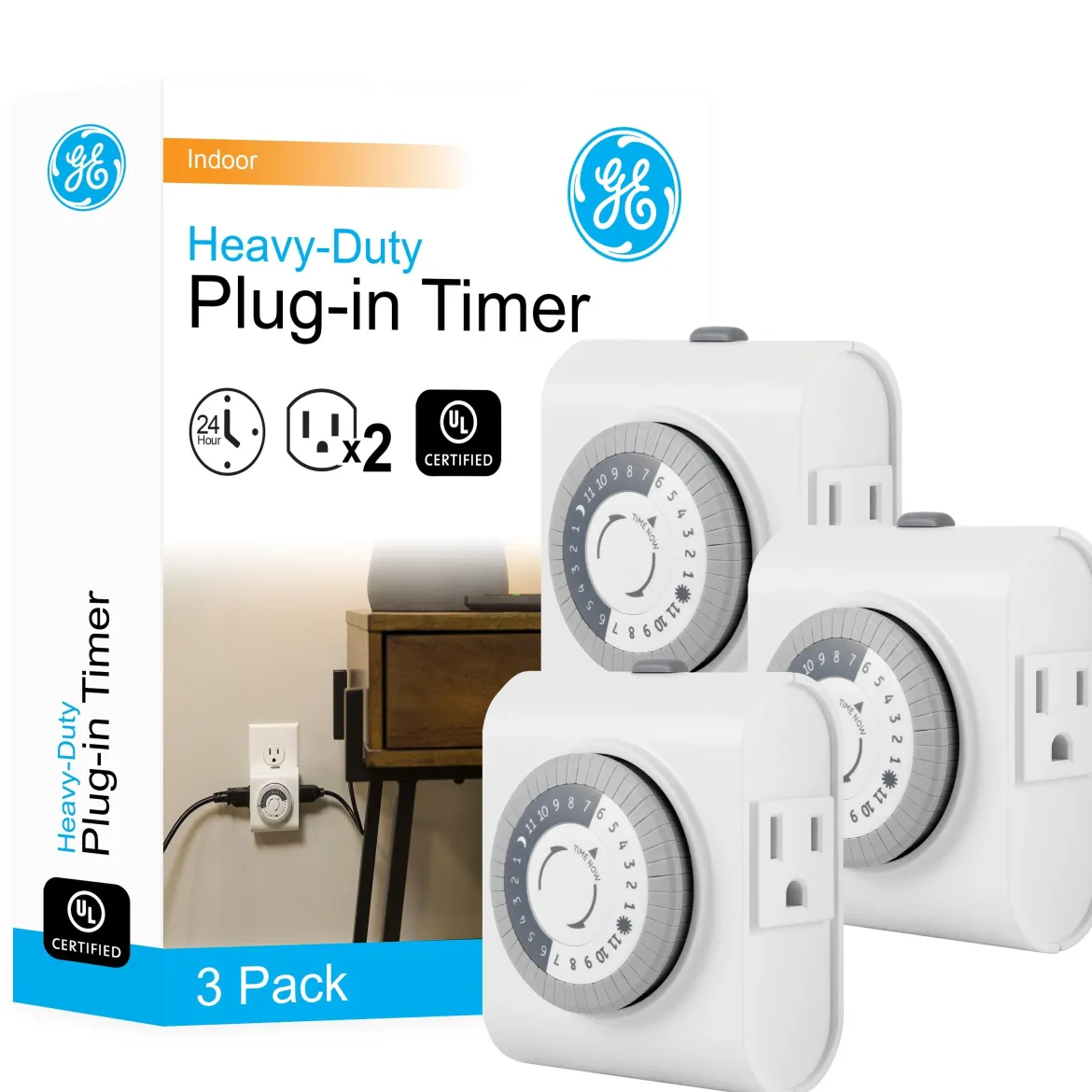 GE Indoor Plug-In 24-Hour Mechanical Timer, 3 Pack, White