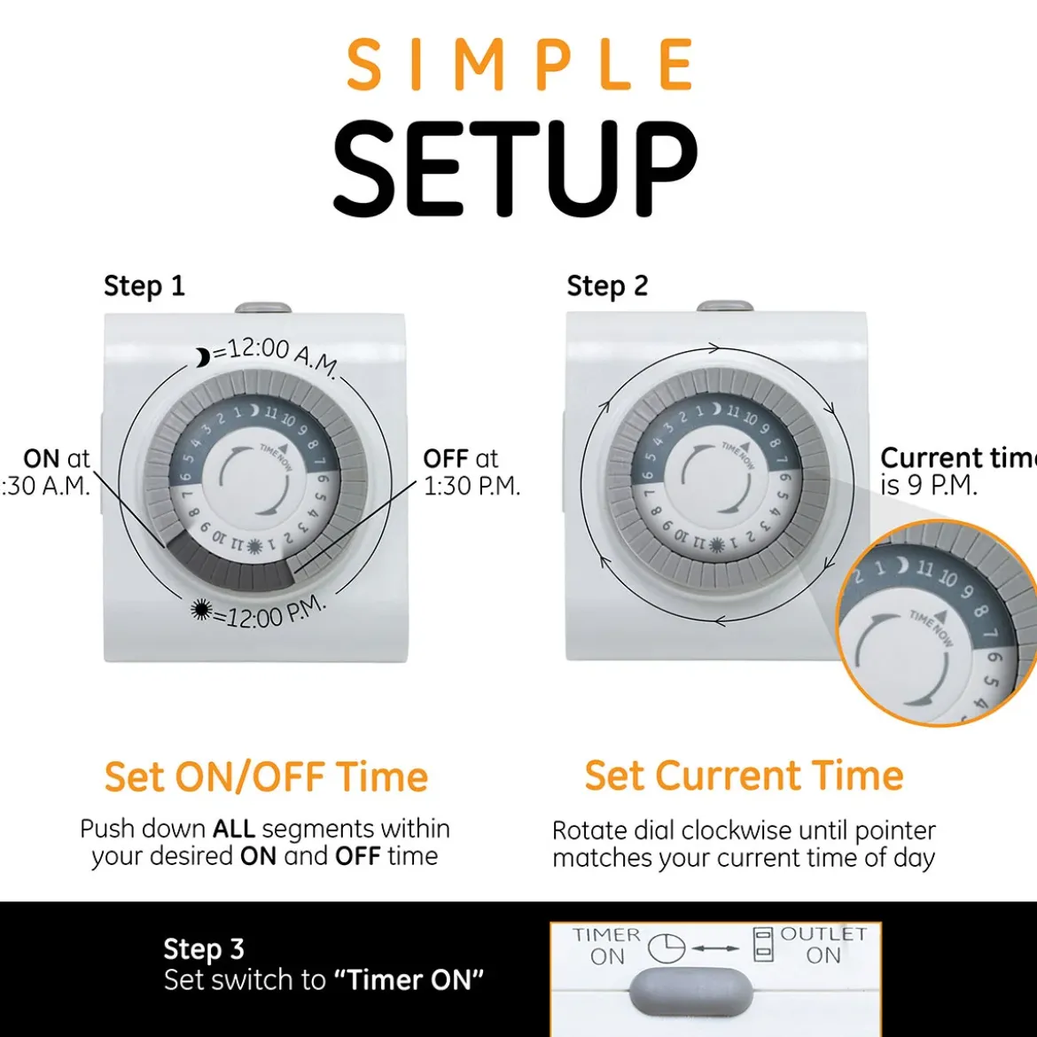 GE Indoor Plug-In 24-Hour Mechanical Timer, 3 Pack, White