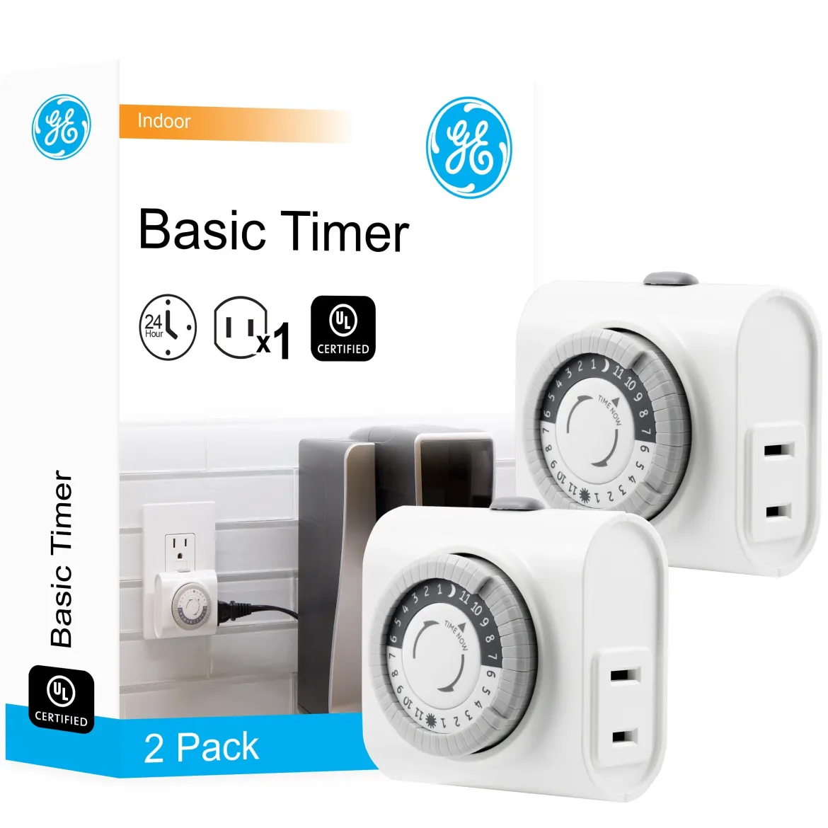 GE Indoor Plug-In 24-Hour Mechanical Timer, 2 Pack, White