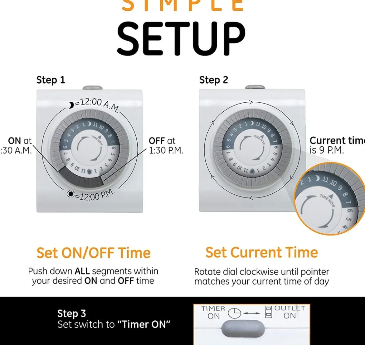 GE Indoor Plug-In 24-Hour Mechanical Timer, 2 Pack, White