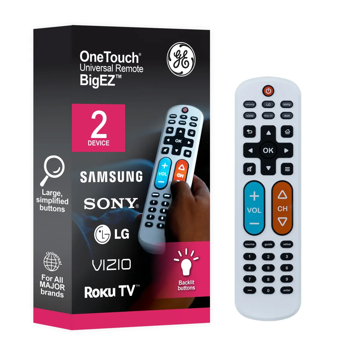GE OneTouch Streaming Replacement Remote Control, Backlit With Big Button, White