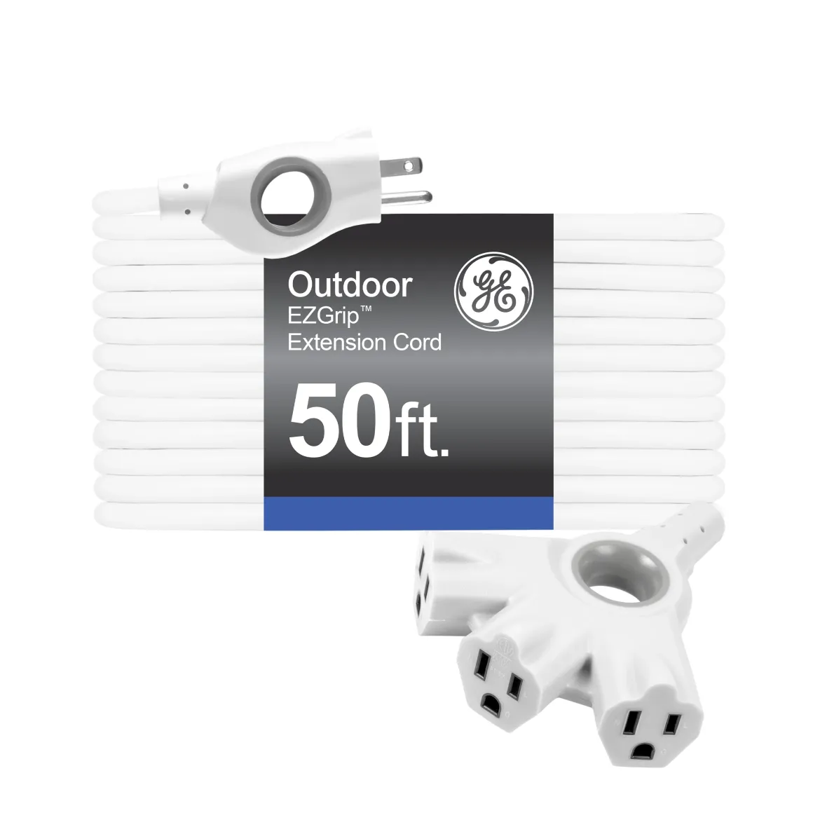 GE 3-Outlet EZGrip Grounded Extension Cord, 50ft., Indoor/Outdoor, White