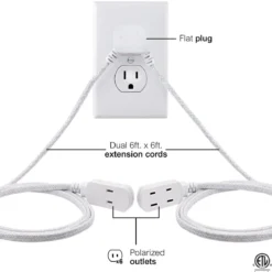 GE 3-Outlet 6ft. Dual Split Braided Extension Cord, White