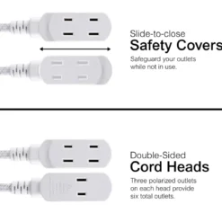 GE 3-Outlet 6ft. Dual Split Braided Extension Cord, White