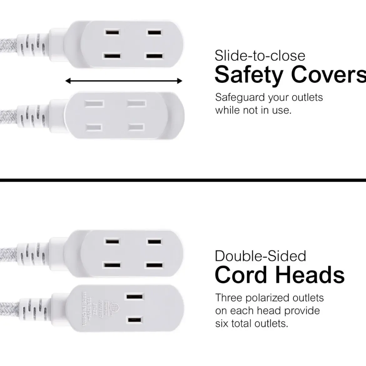 GE 3-Outlet 6ft. Dual Split Braided Extension Cord, White