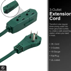 GE 3-Outlet 3ft. Extension Cord with Right-Angle Plug, Green